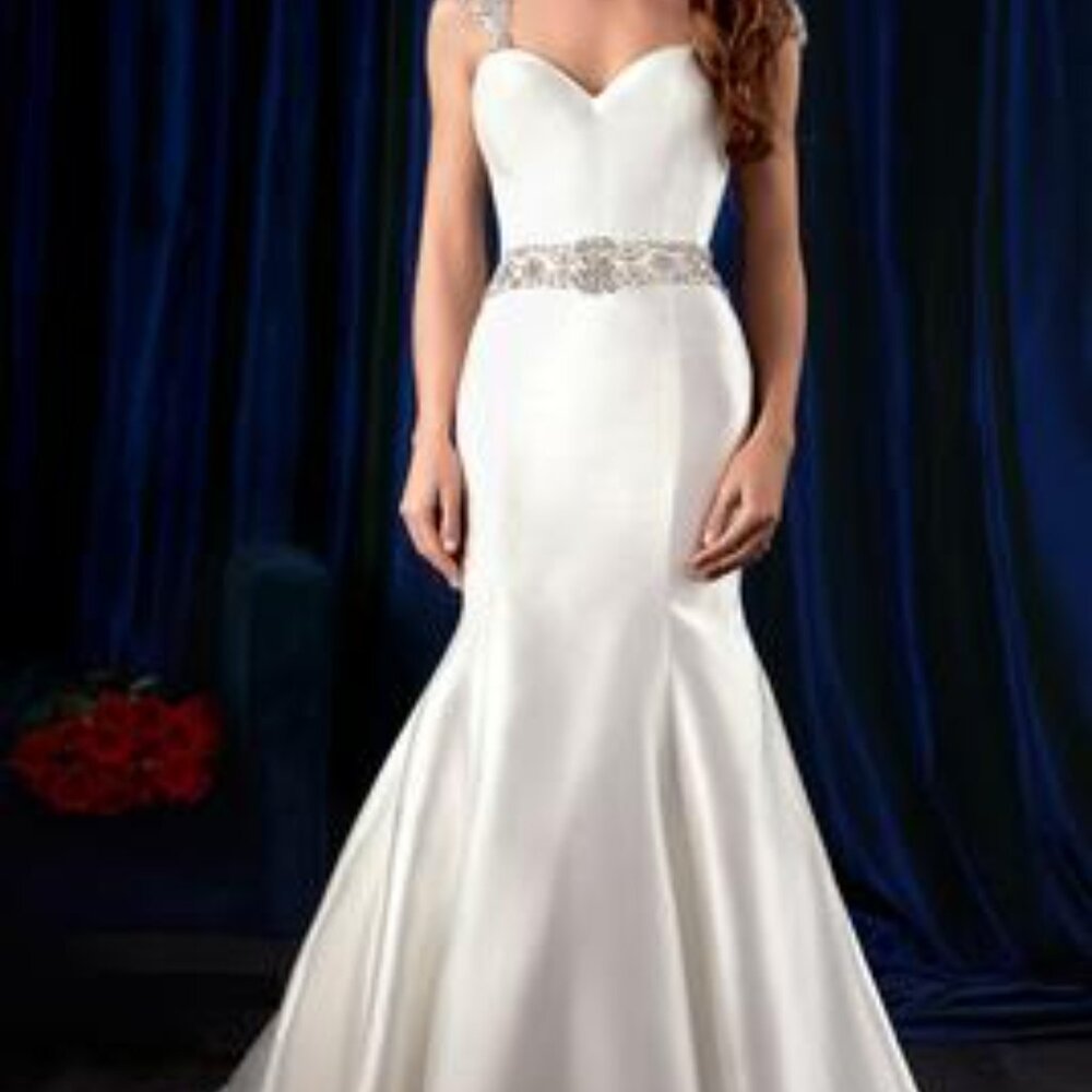 SAMPLE Mikado Wedding Dress, Ivory Mermaid Fit and Flare Sexy, BLING straps Belt